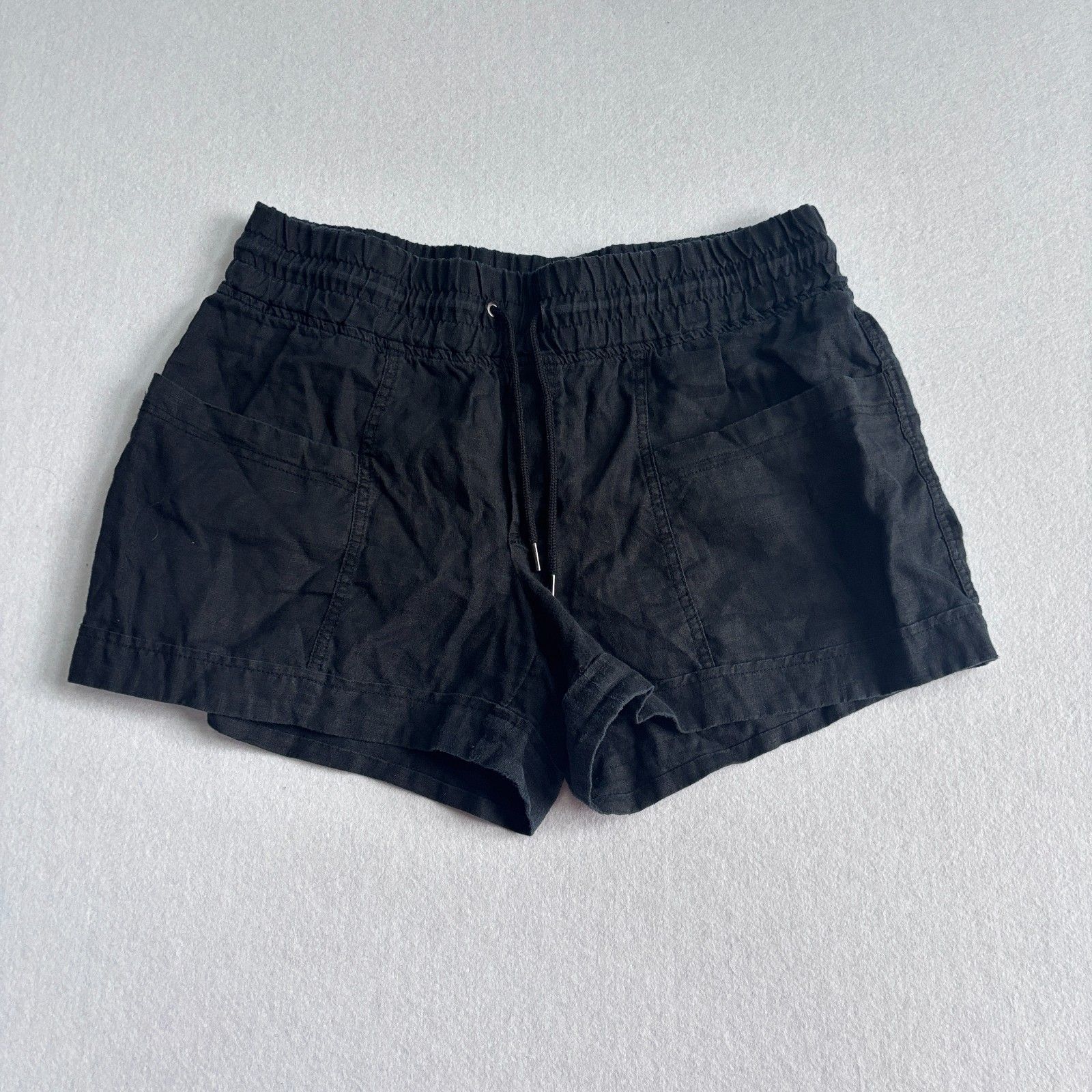 Athleta Cabo Linen 4" Short Women's 12 Black Pull On Pockets Drawstring Beachy